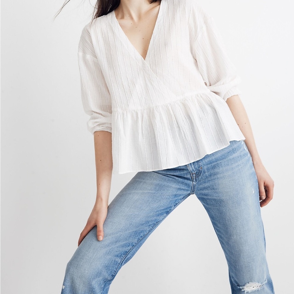 NWT Madewell Bubble-Sleeve Peplum Top in Metallic Stripe